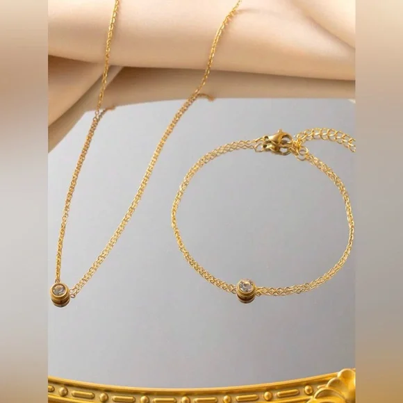 Gold Bezel Crystal Necklace & Bracelet Set | Stainless Steel | Adjustable Set - Picture 2 of 5